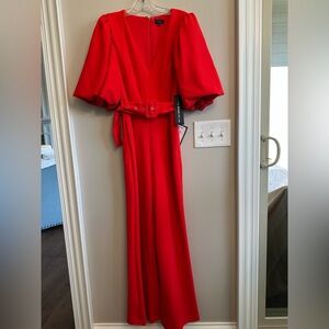 RACHEL Rachel Roy Red Puff-Sleeve Belted Jumpsuit